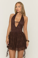 Chocolate Lace Plunge Halterneck Mini Dress - Brynlee