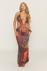 Multi Printed Cut Out Halterneck Maxi Dress - Rheo