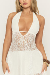 Cream Lace Plunge Ruffle Detail Mini Dress - Sahana