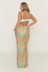 Blue Trim Detail Printed Maxi Dress - Heelan