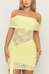 Yellow Lace Bardot Wrap Mini Dress - Ayah