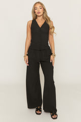 Black Crinkle Waistcoat and Wide Leg Trouser Co-ord Set - Oslo
