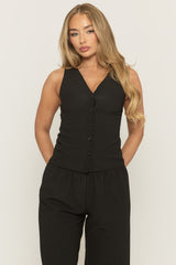 Black Crinkle Waistcoat and Wide Leg Trouser Co-ord Set - Oslo