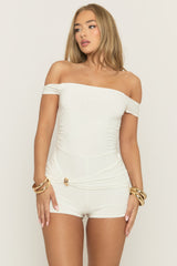 White Bardot Gold Trim Playsuit - Tarain