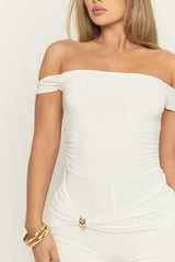 White Bardot Gold Trim Playsuit - Tarain
