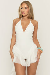 White Halter Neck Frill Hem Playsuit - Nelya