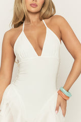 White Halter Neck Frill Hem Playsuit - Nelya