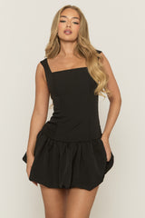 Black Woven Square Neck Ruffle Hem Mini Dress - Colmar