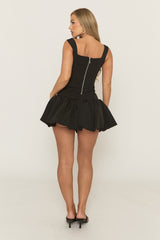 Black Woven Square Neck Ruffle Hem Mini Dress - Colmar