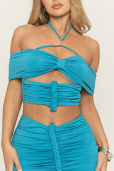 Blue Braided Detail Bardot Crop Top And Mini Skirt Co-Ord Set - Corinna