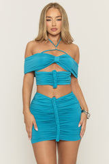 Blue Braided Detail Bardot Crop Top And Mini Skirt Co-Ord Set - Corinna