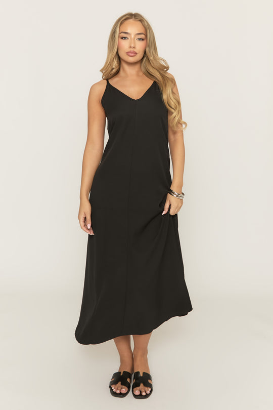 Black Linen Look Strappy Maxi Dress - Mirri