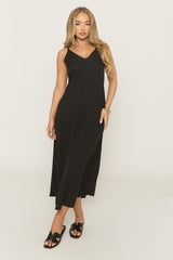 Black Linen Look Strappy Maxi Dress - Mirri