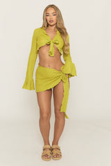 Green Crinkle Tie Front Top and Skirt Co-ord Set - Darlea