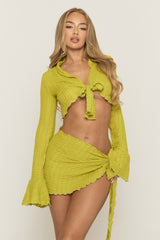 Green Crinkle Tie Front Top and Skirt Co-ord Set - Darlea