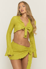 Green Crinkle Tie Front Top and Skirt Co-ord Set - Darlea