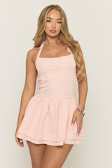 Pink Gathered Bust Halterneck Skater Dress - Columbia