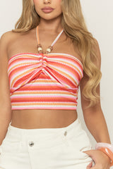 Multi Print Beaded Trim Halterneck Crop Top - Velena