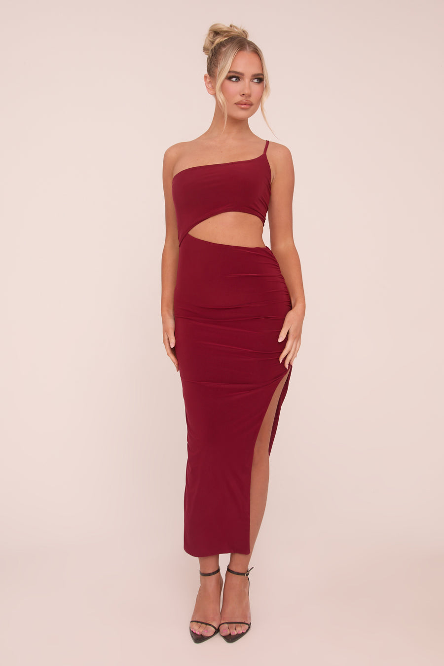 Burgundy One Shoulder Cut Out Midi Dress - Antonia