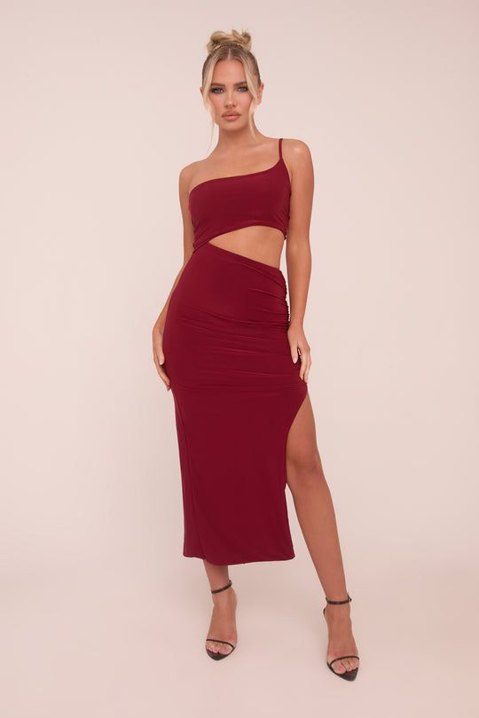 Burgundy One Shoulder Cut Out Midi Dress - Antonia