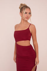Burgundy One Shoulder Cut Out Midi Dress - Antonia