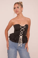 Black Bandeau Lace Up Detail Peplum Top - Kayley