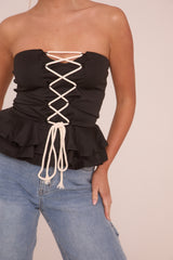 Black Bandeau Lace Up Detail Peplum Top - Kayley