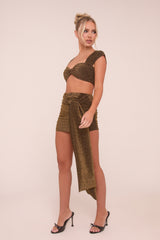 Khaki Lurex Crop Top & Tie Detail Mini Skirt Co-ord Set - Veronica