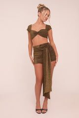 Khaki Lurex Crop Top & Tie Detail Mini Skirt Co-ord Set - Veronica
