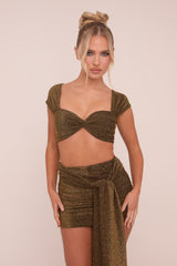 Khaki Lurex Crop Top & Tie Detail Mini Skirt Co-ord Set - Veronica