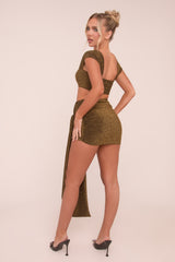 Khaki Lurex Crop Top & Tie Detail Mini Skirt Co-ord Set - Veronica