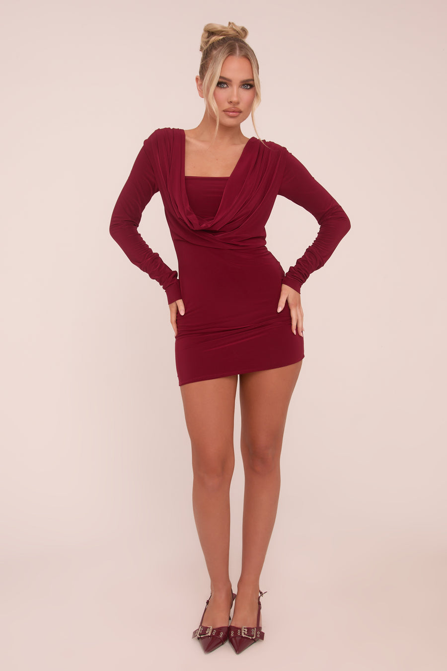 Burgundy Cowl Neck Long Sleeve Bodycon Mini Dress - Oliana