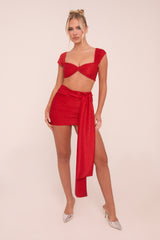 Red Lurex Crop Top & Tie Detail Mini Skirt Co-ord Set - Veronica