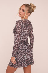 Brown Mesh Leopard Print Mini Dress - Rosemary