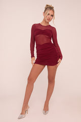 Burgundy Mesh Ruching Detail Mini Dress - Caden