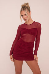 Burgundy Mesh Ruching Detail Mini Dress - Caden