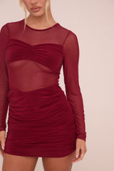 Burgundy Mesh Ruching Detail Mini Dress - Caden