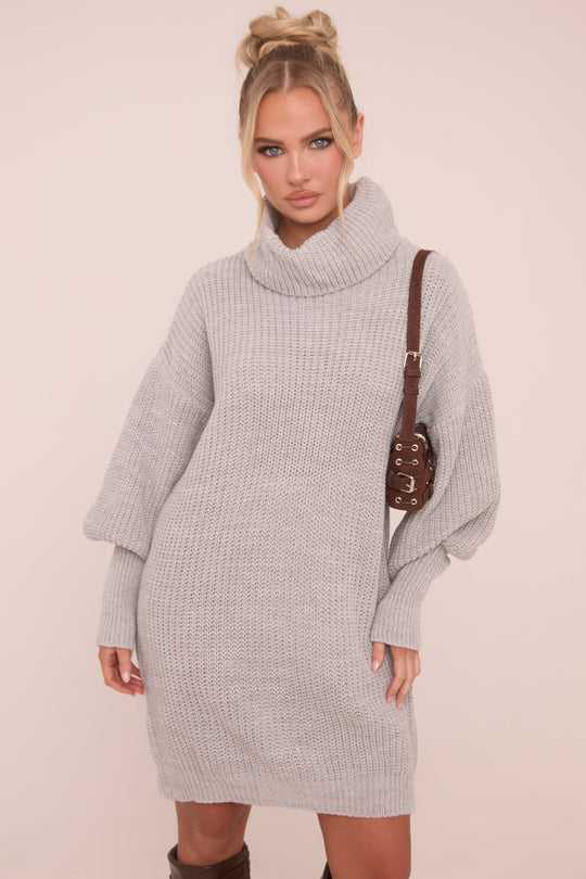 Grey Turtle Neck Knit Jumper Dress - Brooke