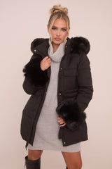 Black Faux Fur Trim Longline Puffer Jacket Jackets Rebellious Fashion