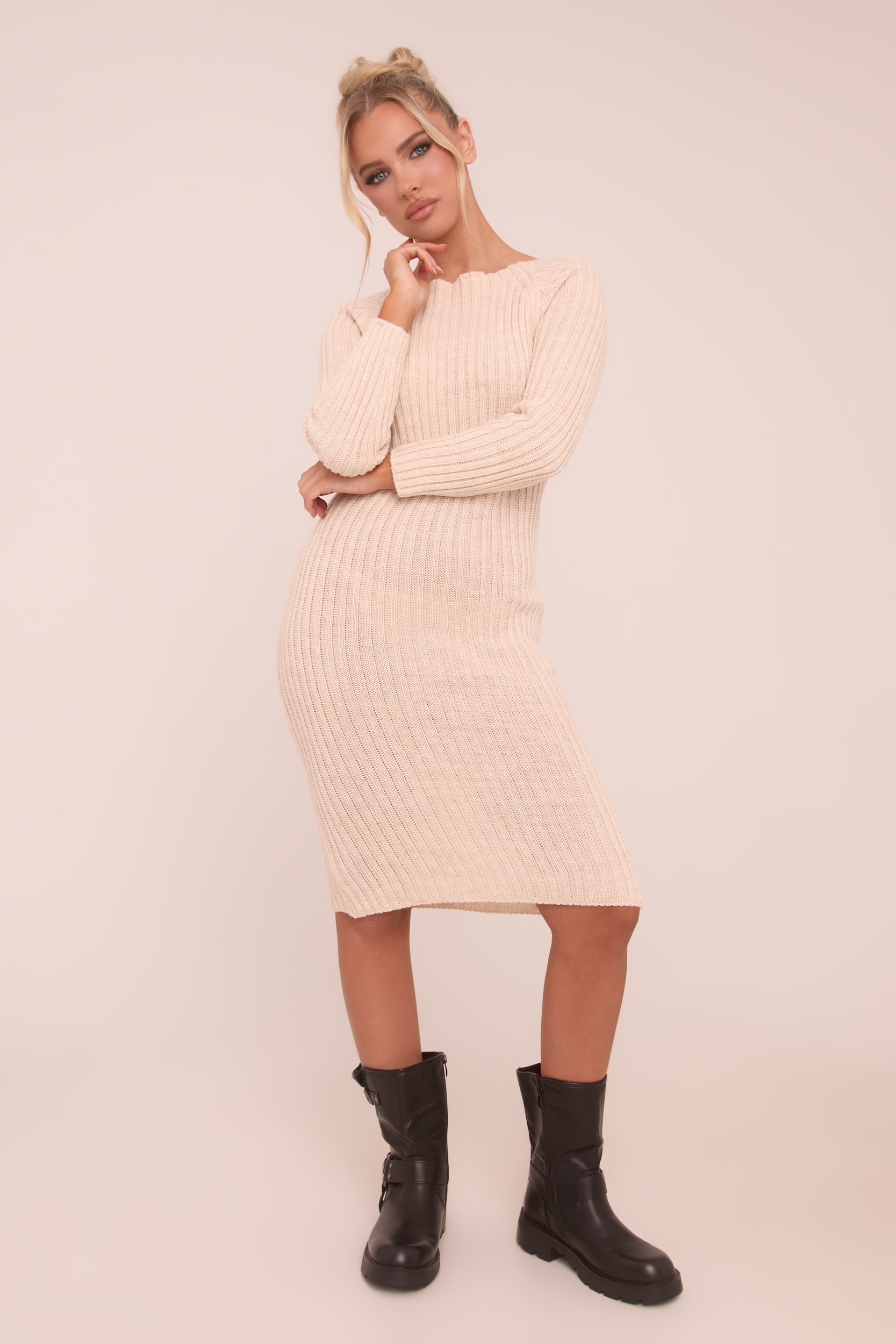 Beige Open Twist Back Knit Midi Dress - Karrah Rebellious Fashion Beige Open Twist Back Knit Midi Dress - Karrah Rebellious Fashion