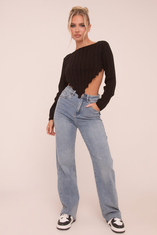 Light Blue Stretch Straight Leg Frayed Hem Jeans - Piper