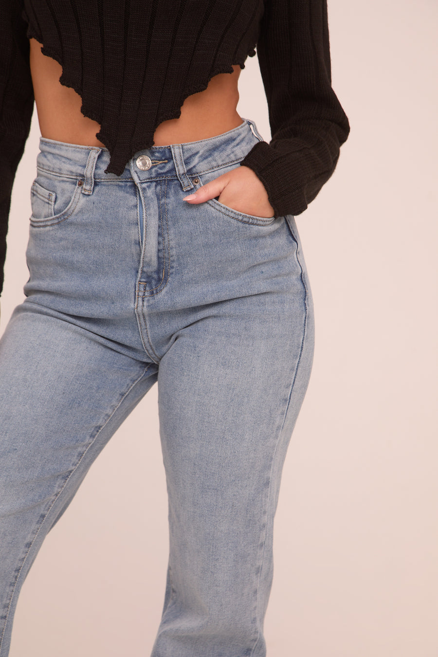 Light Blue Stretch Straight Leg Frayed Hem Jeans - Piper