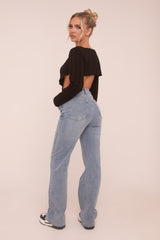 Light Blue Stretch Straight Leg Frayed Hem Jeans - Piper