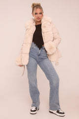 Beige Faux Fur Trim Hooded Puffer Jacket - Betty