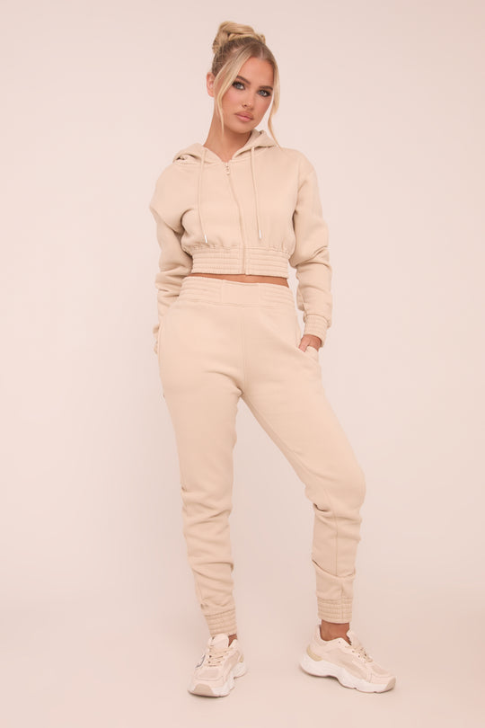 Stone Zip Front Elasticated Detail Loungewear Co-ord Set - Carmel