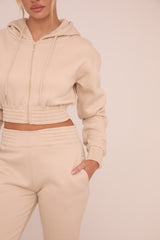 Stone Zip Front Elasticated Detail Loungewear Co-ord Set - Carmel