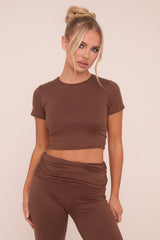 Brown Round Neck Cropped Top & Flared Leg Trousers Co-ord - Charlett