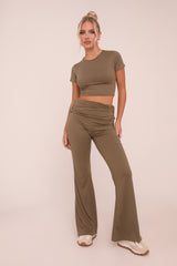 Khaki Round Neck Cropped Top & Flared Leg Trousers Co-ord - Charlett