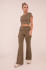Khaki Round Neck Cropped Top & Flared Leg Trousers Co-ord - Charlett