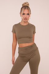 Khaki Round Neck Cropped Top & Flared Leg Trousers Co-ord - Charlett